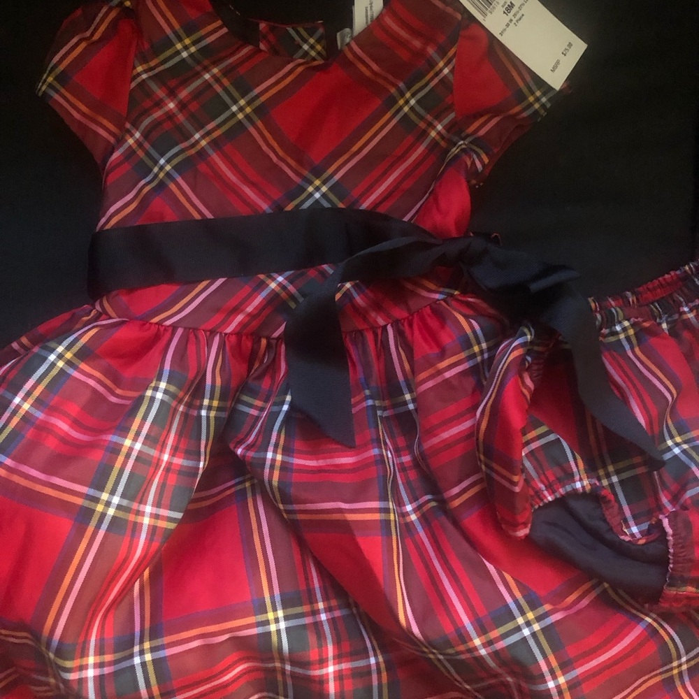 NWT Ralph Lauren Red Plaid Holiday Dress with Navy Sash 18 months